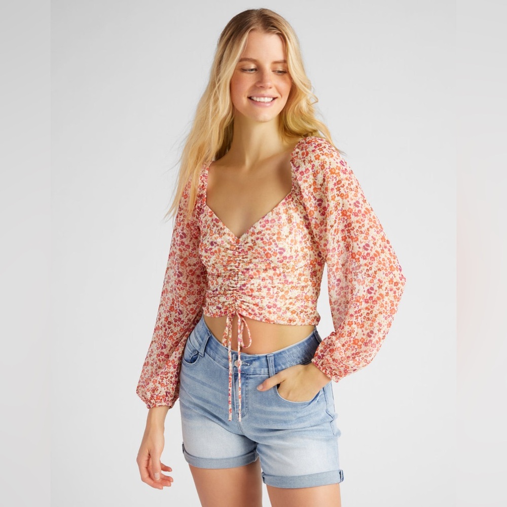 Lush Boho Floral Long Sleeve Ruched Top